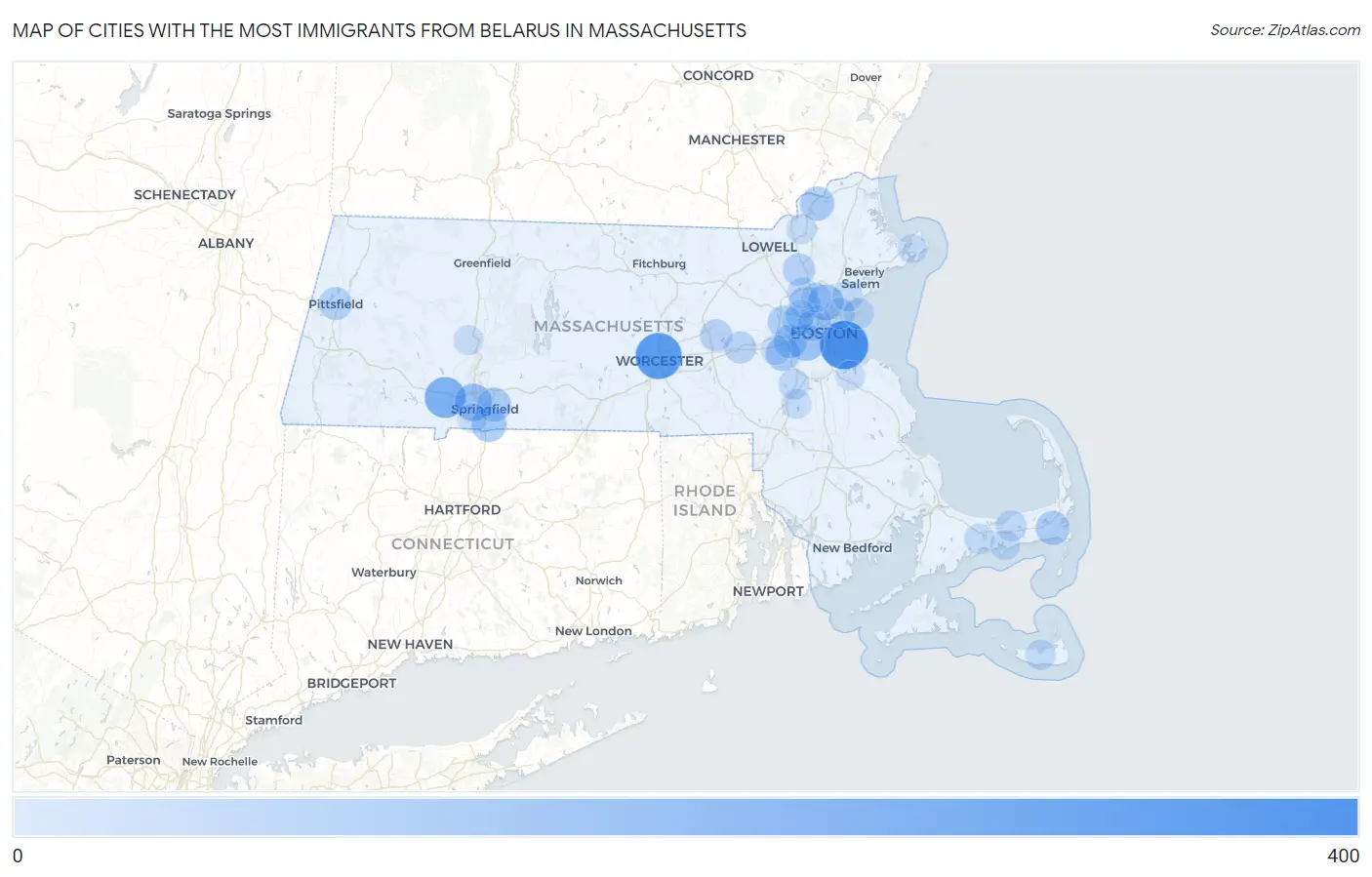 Cities with the Most Immigrants from Belarus in Massachusetts Map