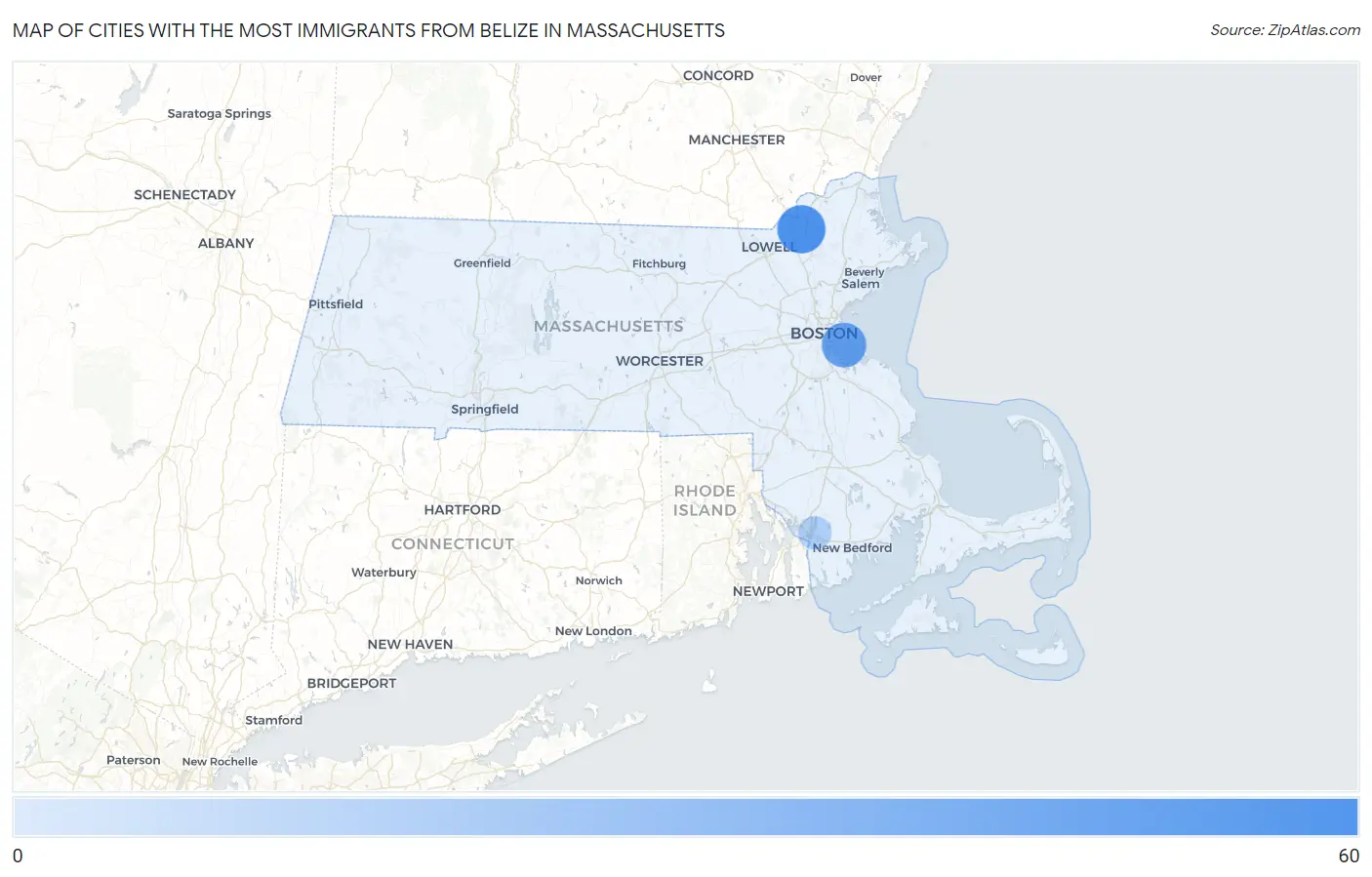 Cities with the Most Immigrants from Belize in Massachusetts Map