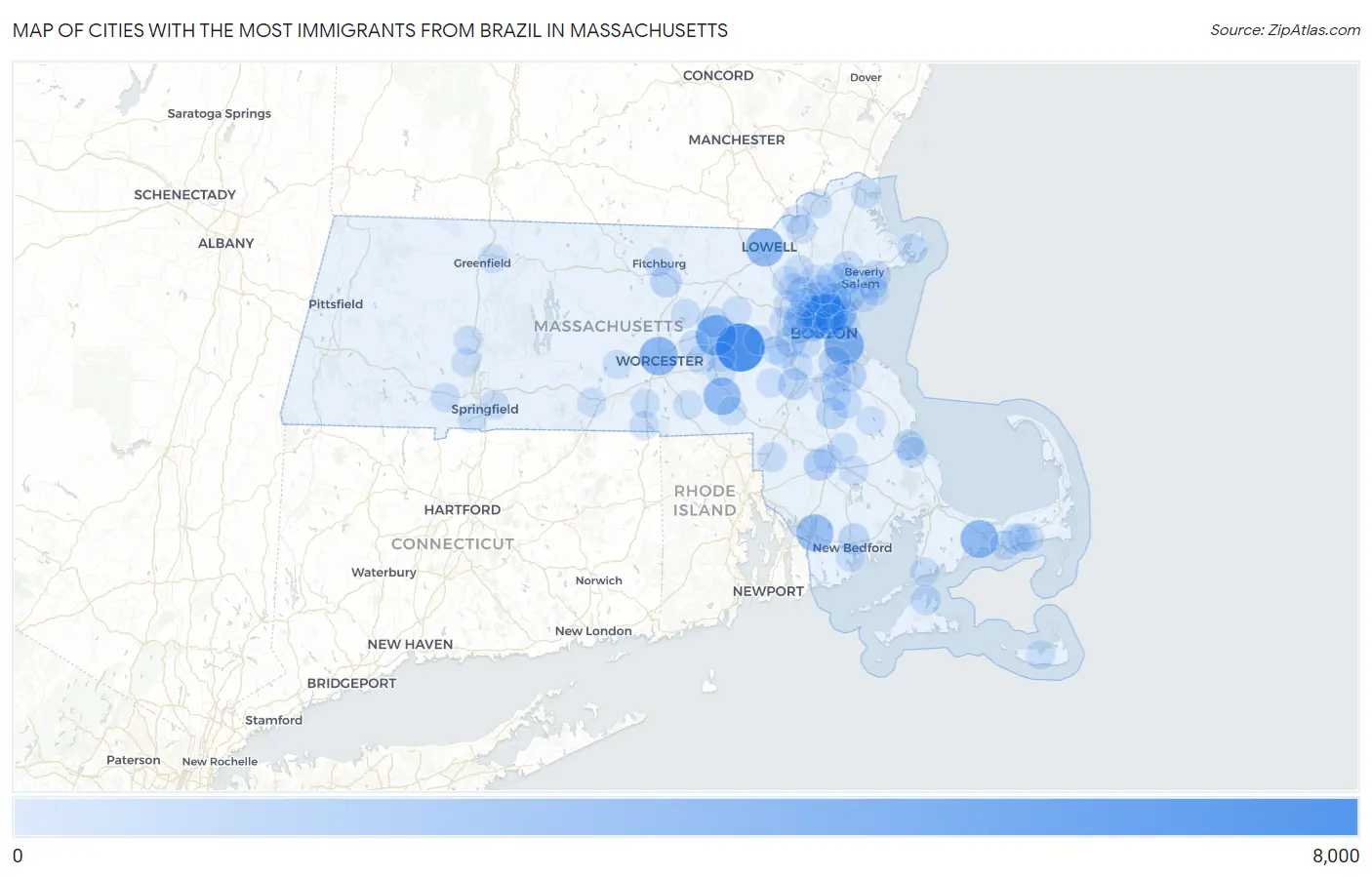 Cities with the Most Immigrants from Brazil in Massachusetts Map