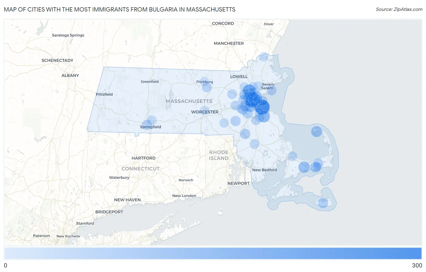 Cities with the Most Immigrants from Bulgaria in Massachusetts Map