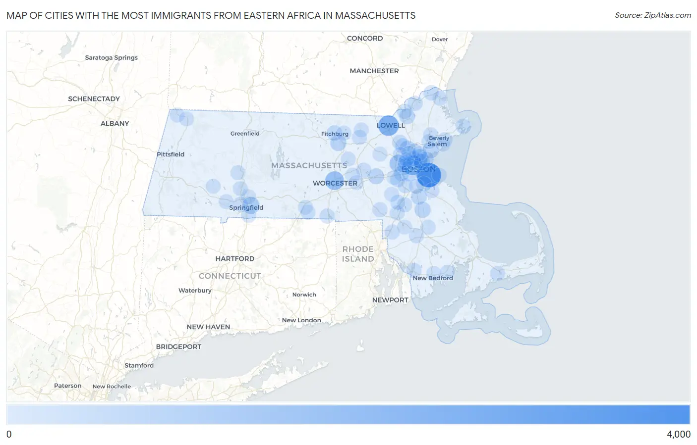 Cities with the Most Immigrants from Eastern Africa in Massachusetts Map