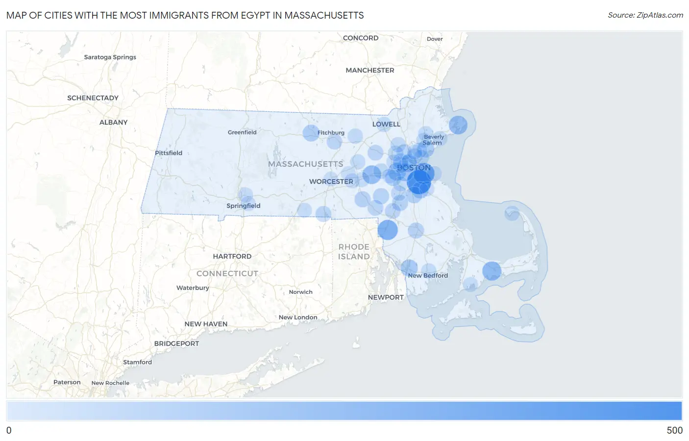 Cities with the Most Immigrants from Egypt in Massachusetts Map