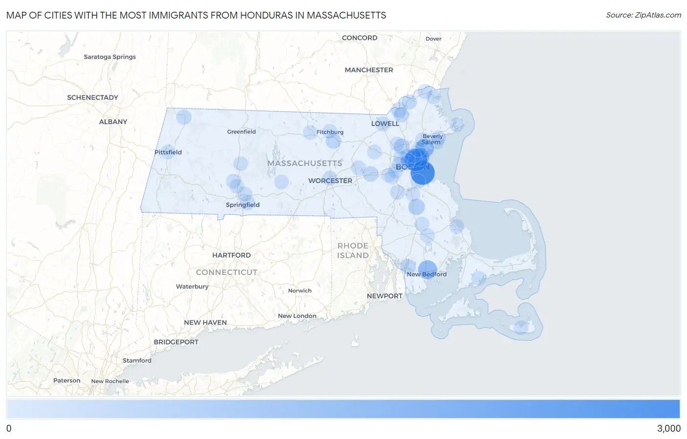 Cities with the Most Immigrants from Honduras in Massachusetts Map