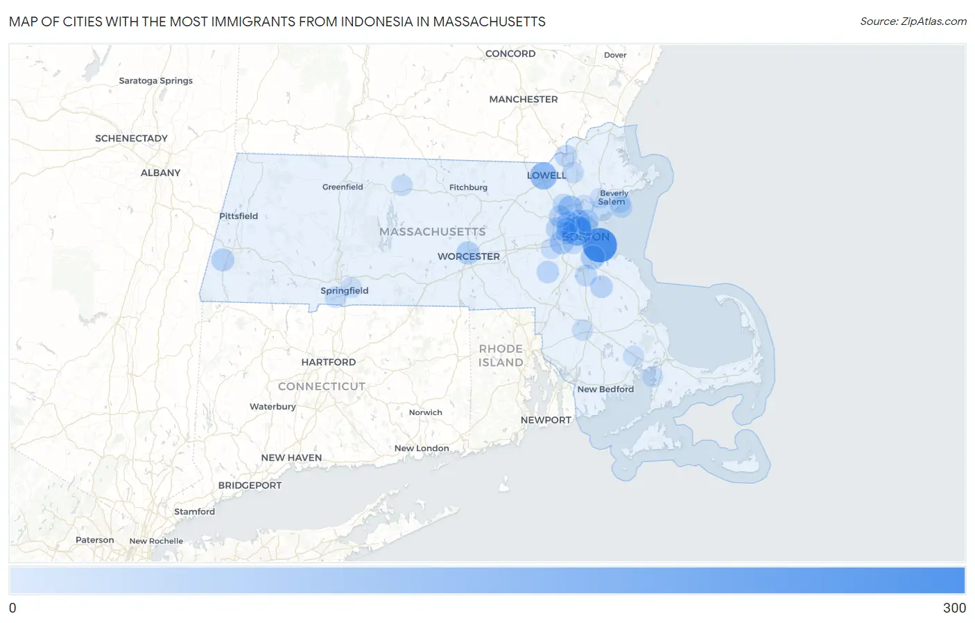 Cities with the Most Immigrants from Indonesia in Massachusetts Map