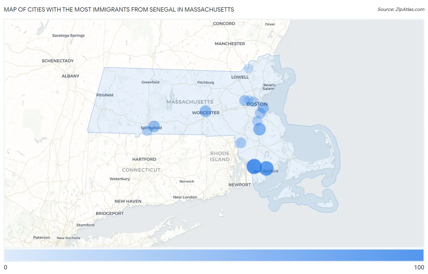Cities with the Most Immigrants from Senegal in Massachusetts Map