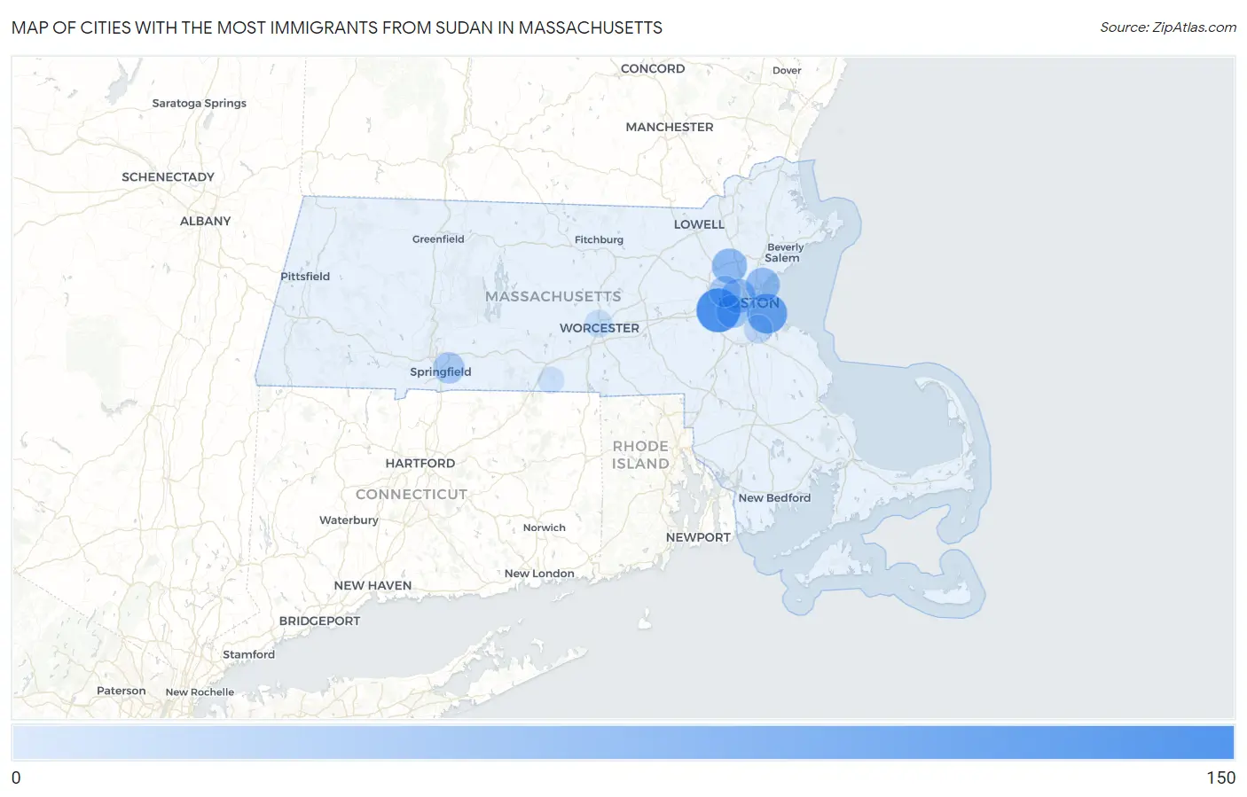 Cities with the Most Immigrants from Sudan in Massachusetts Map