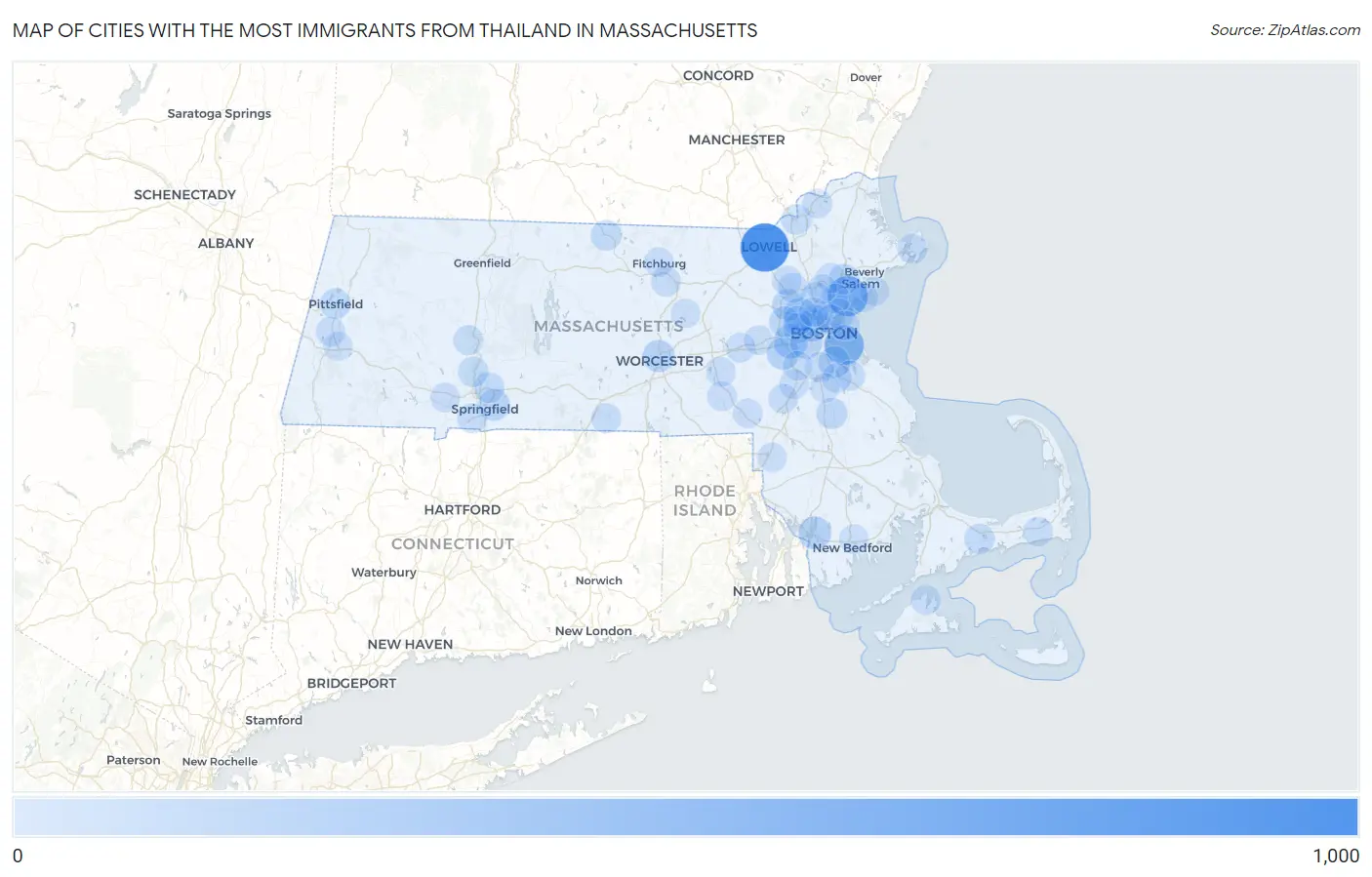 Cities with the Most Immigrants from Thailand in Massachusetts Map