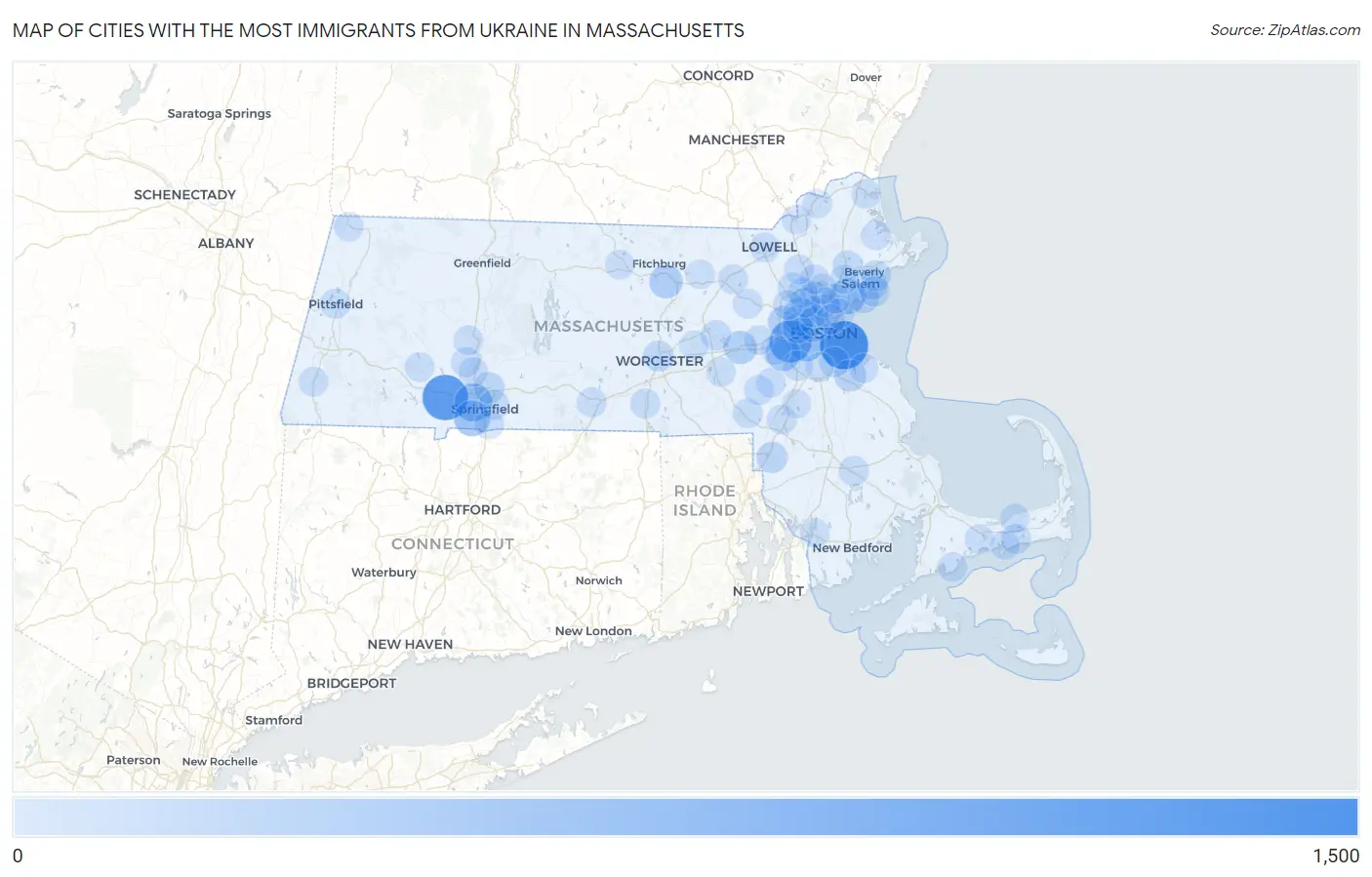 Cities with the Most Immigrants from Ukraine in Massachusetts Map