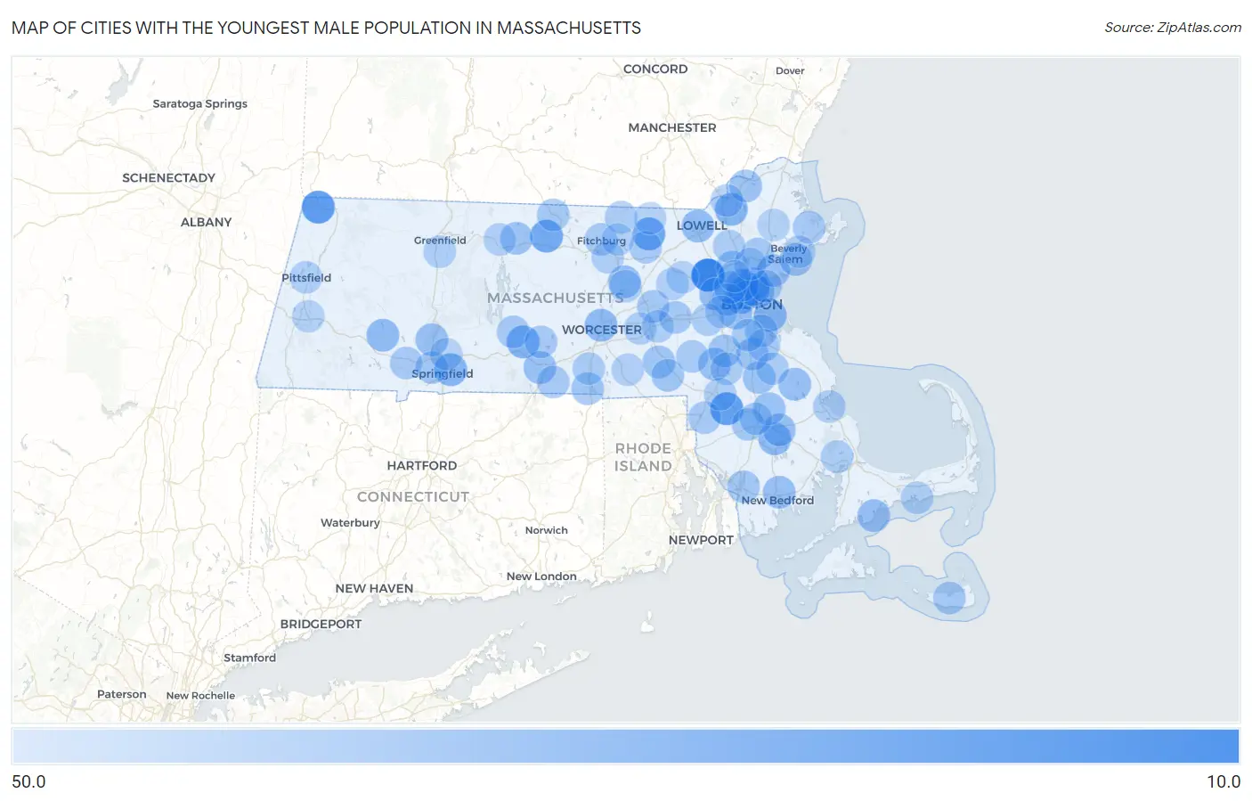 Cities with the Youngest Male Population in Massachusetts Map