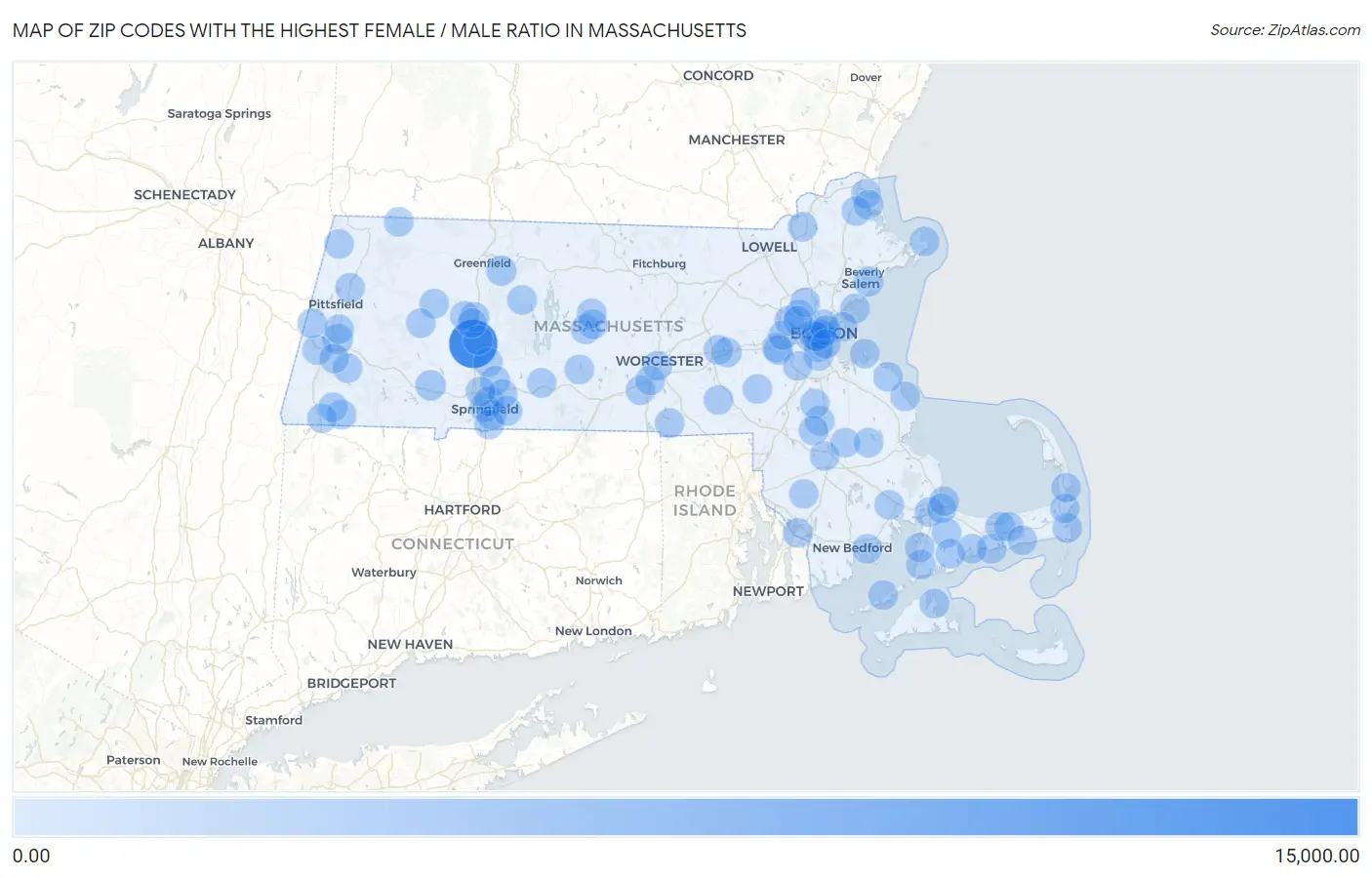 Zip Codes with the Highest Female / Male Ratio in Massachusetts Map