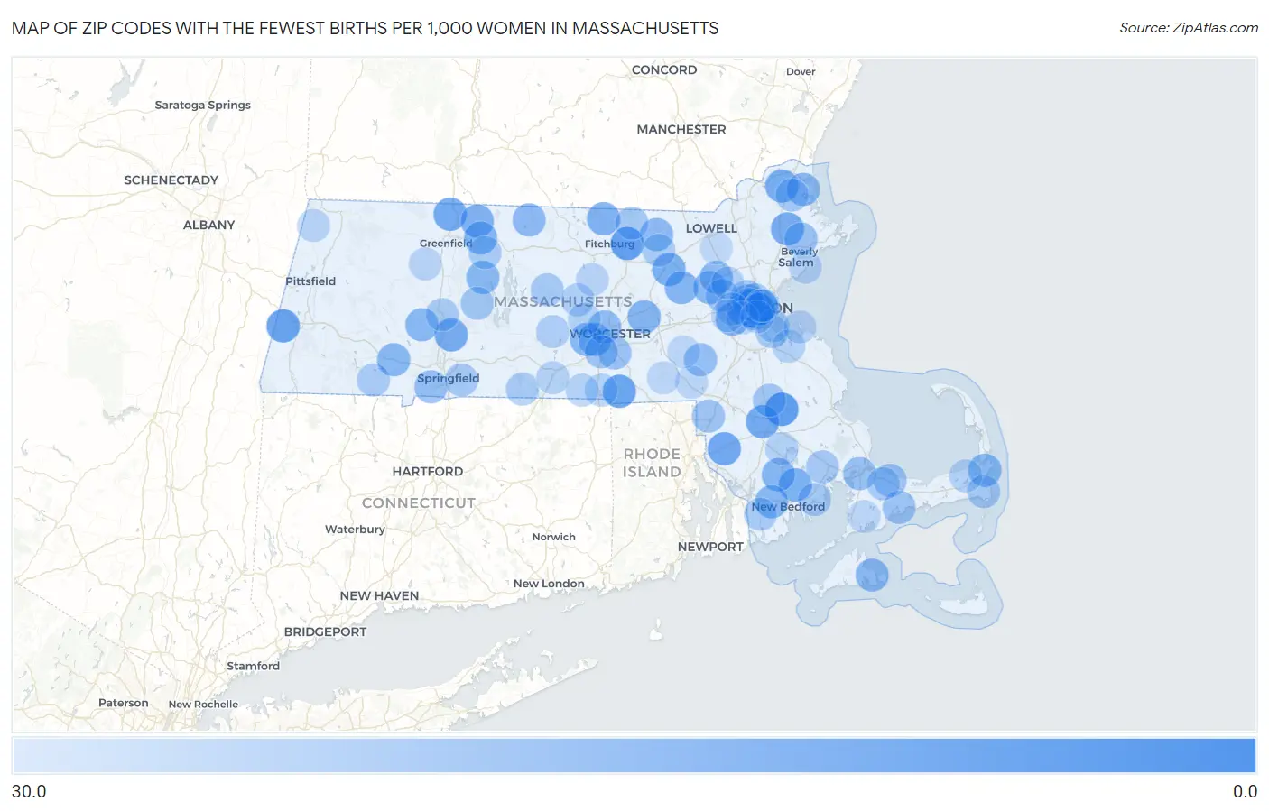 Zip Codes with the Fewest Births per 1,000 Women in Massachusetts Map