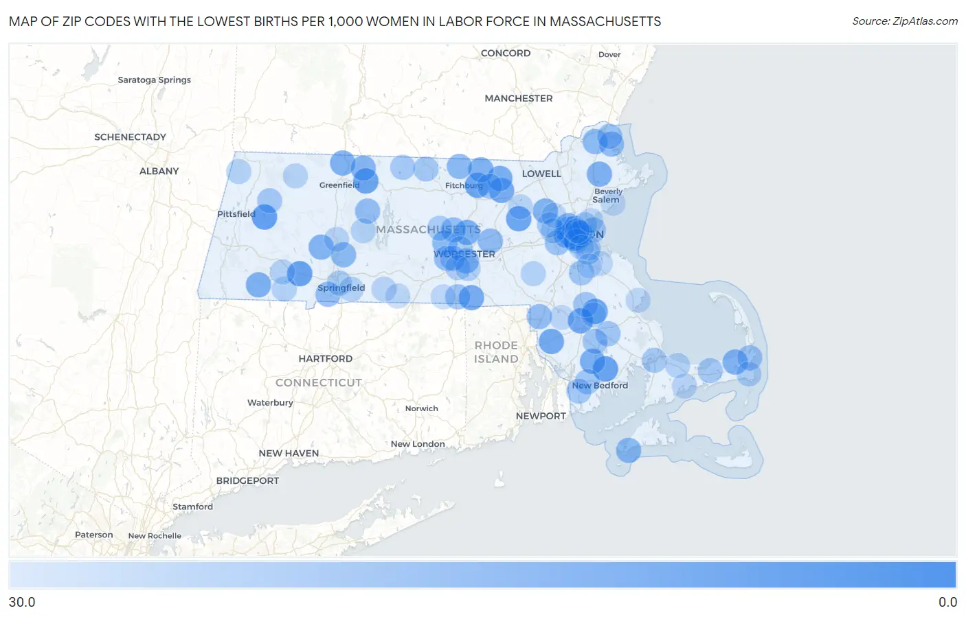 Zip Codes with the Lowest Births per 1,000 Women in Labor Force in Massachusetts Map