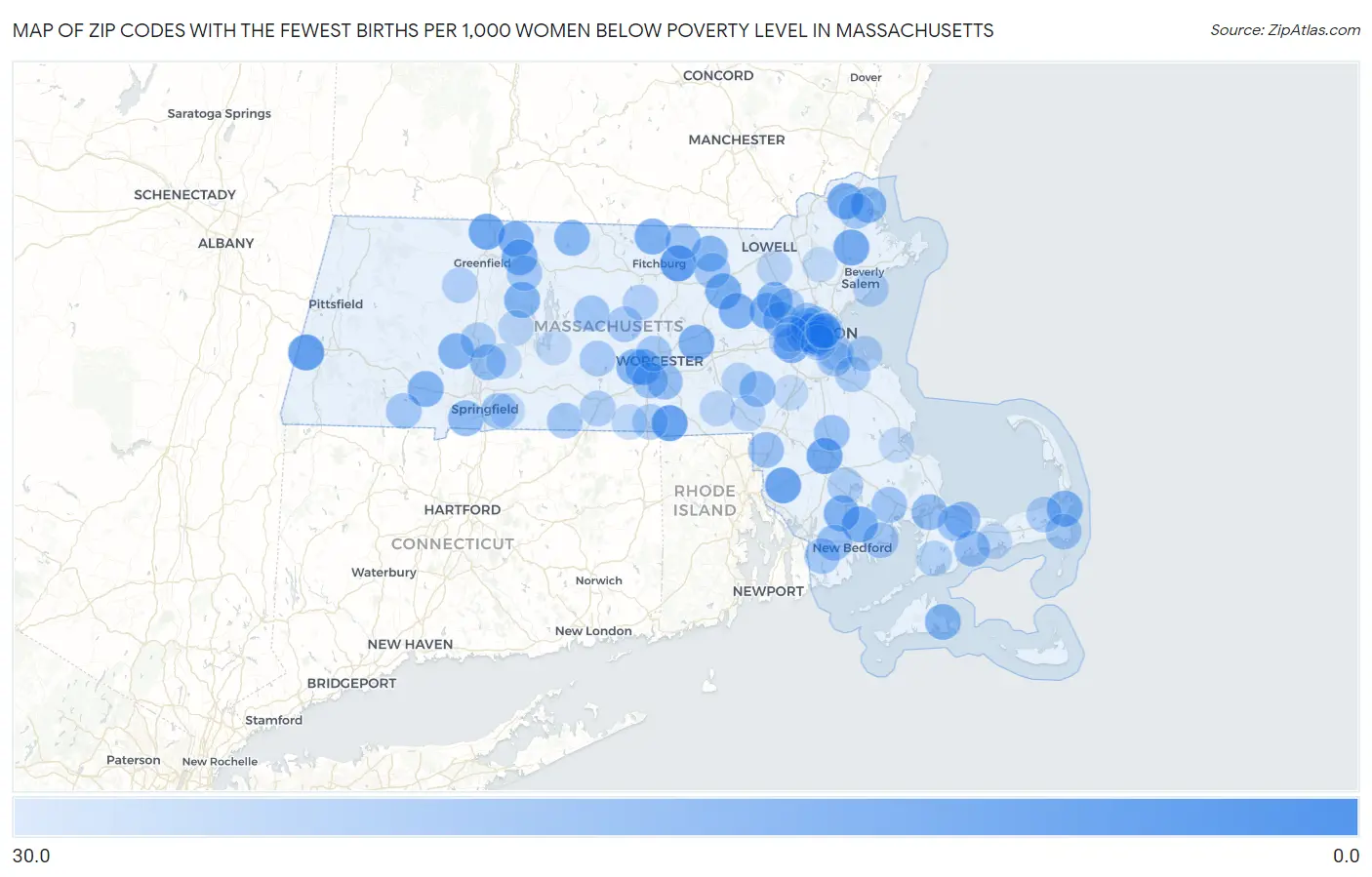 Zip Codes with the Fewest Births per 1,000 Women Below Poverty Level in Massachusetts Map