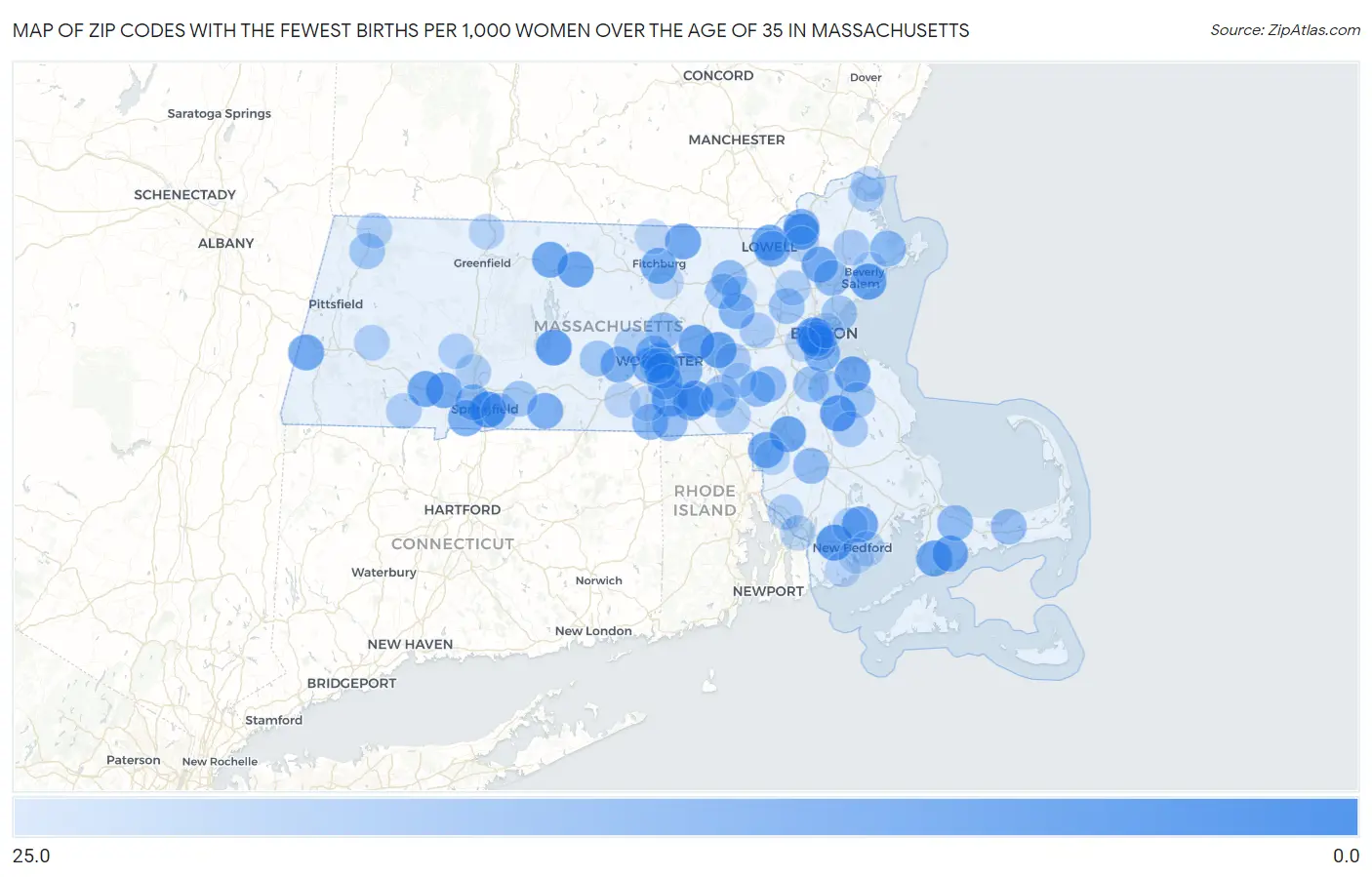 Zip Codes with the Fewest Births per 1,000 Women Over the Age of 35 in Massachusetts Map