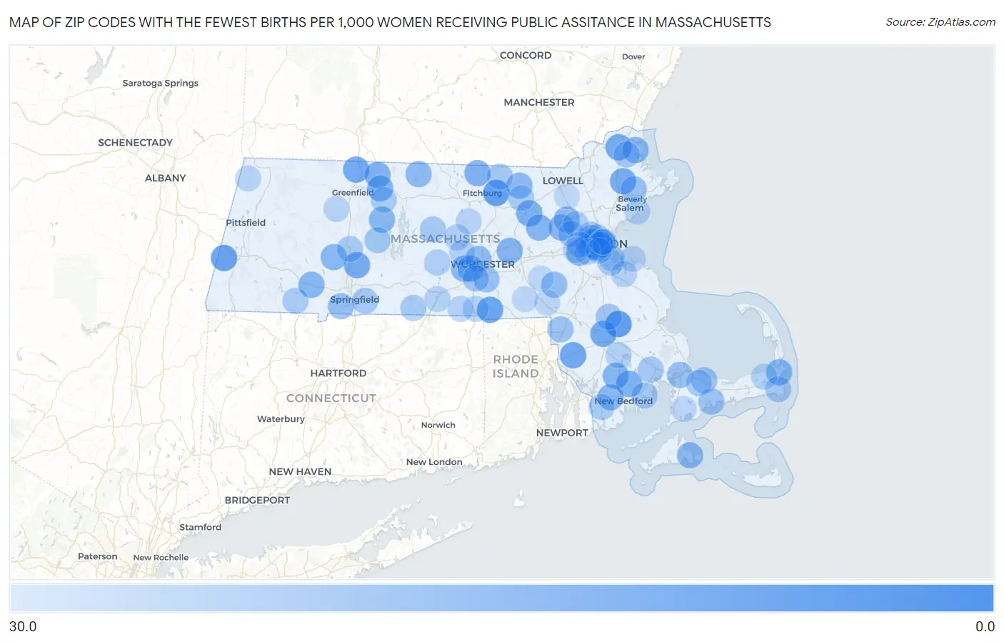 Zip Codes with the Fewest Births per 1,000 Women Receiving Public Assitance in Massachusetts Map