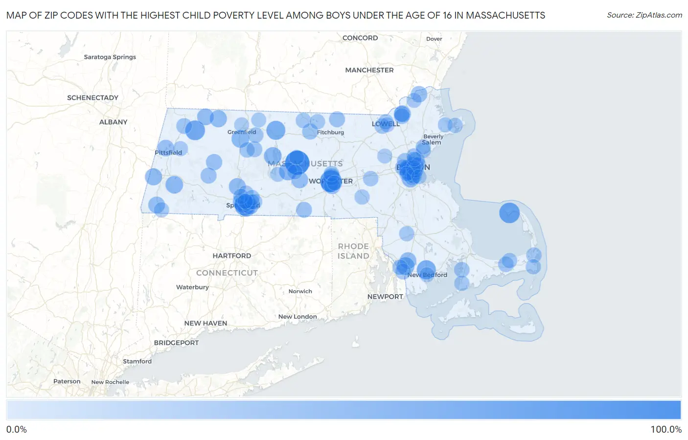 Zip Codes with the Highest Child Poverty Level Among Boys Under the Age of 16 in Massachusetts Map