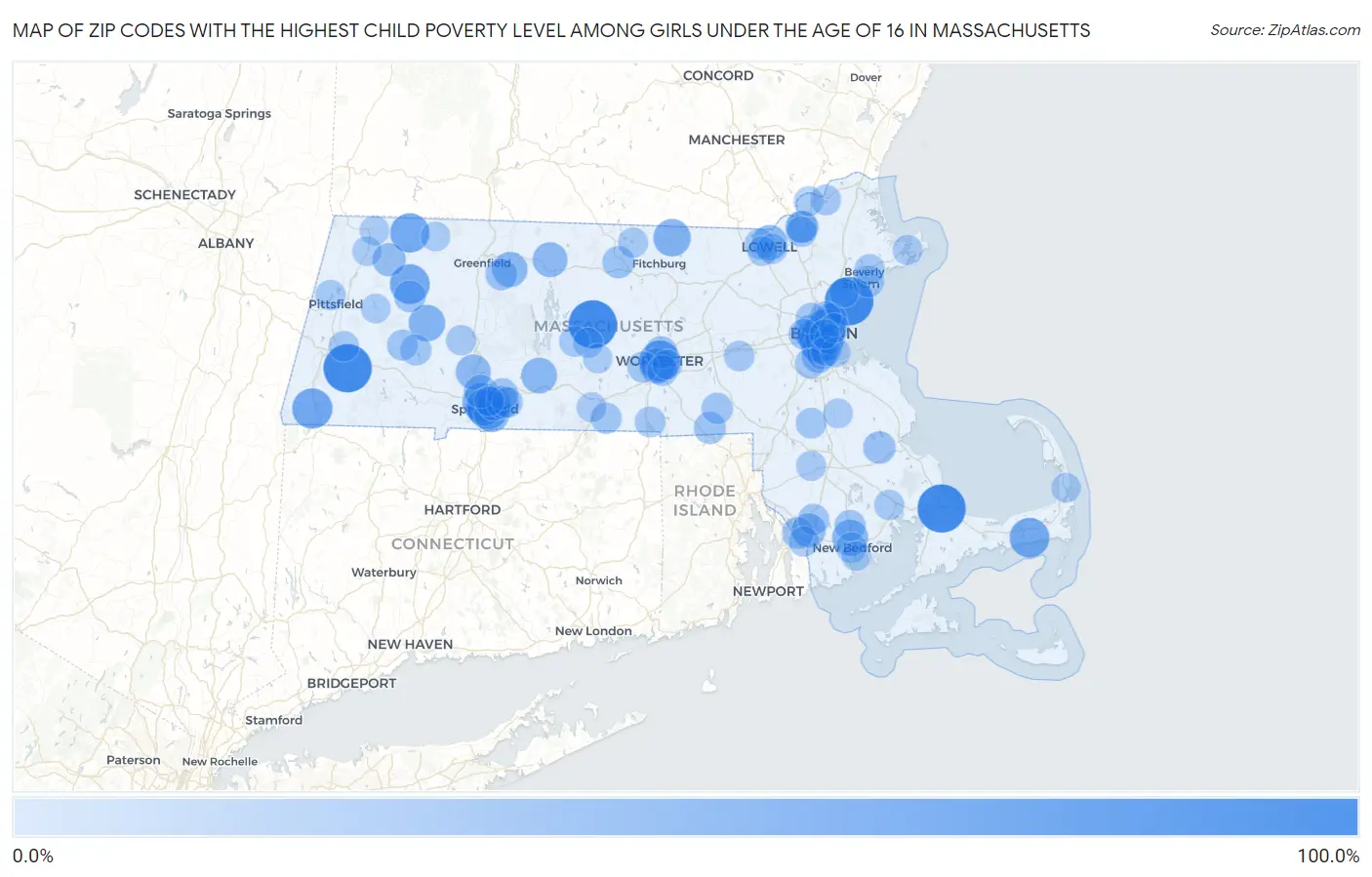 Zip Codes with the Highest Child Poverty Level Among Girls Under the Age of 16 in Massachusetts Map