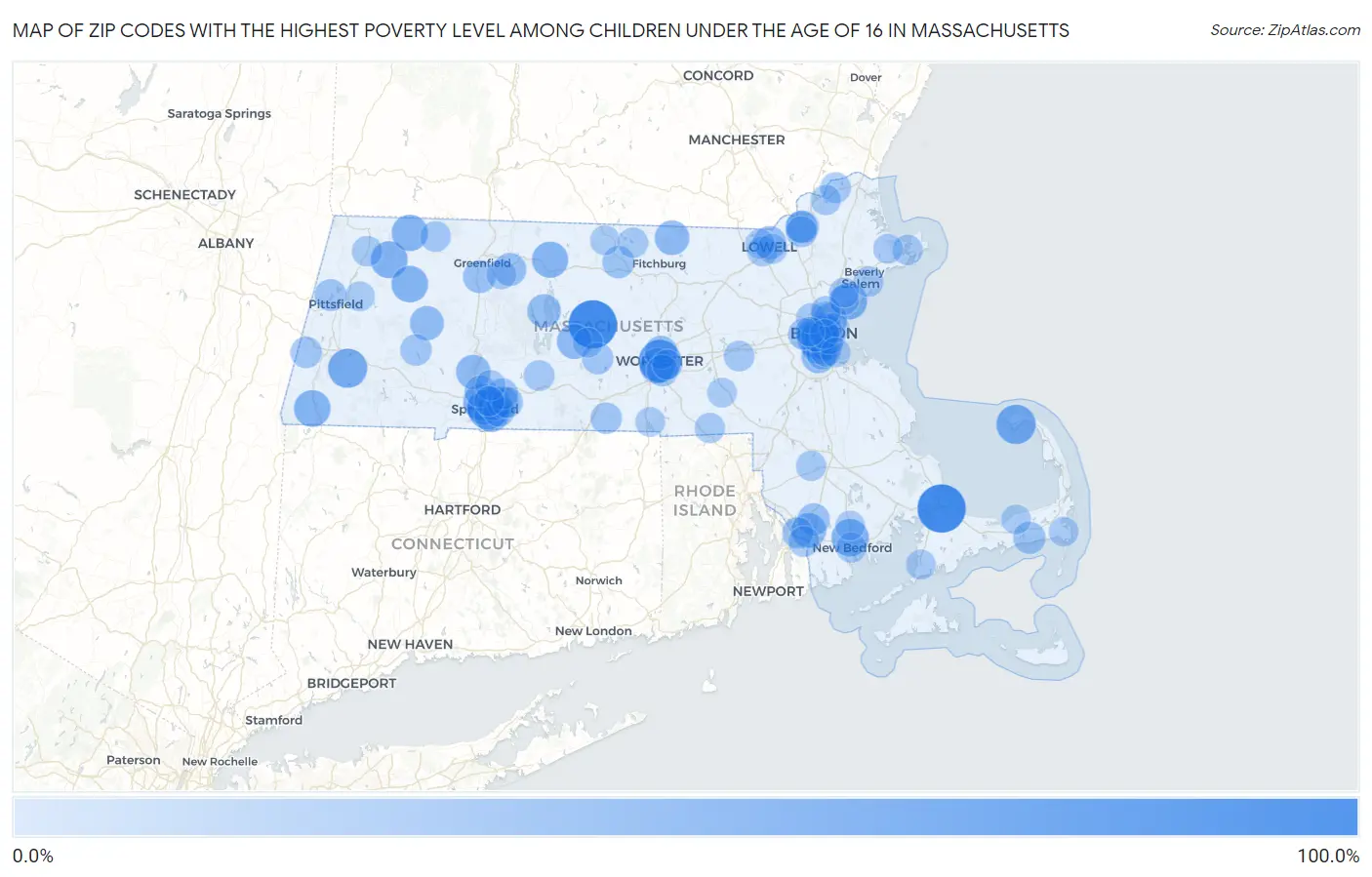 Zip Codes with the Highest Poverty Level Among Children Under the Age of 16 in Massachusetts Map