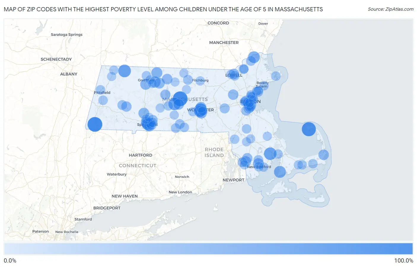 Zip Codes with the Highest Poverty Level Among Children Under the Age of 5 in Massachusetts Map