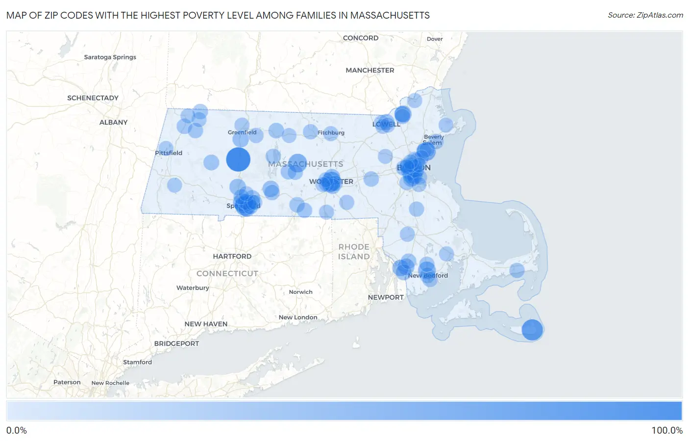 Zip Codes with the Highest Poverty Level Among Families in Massachusetts Map