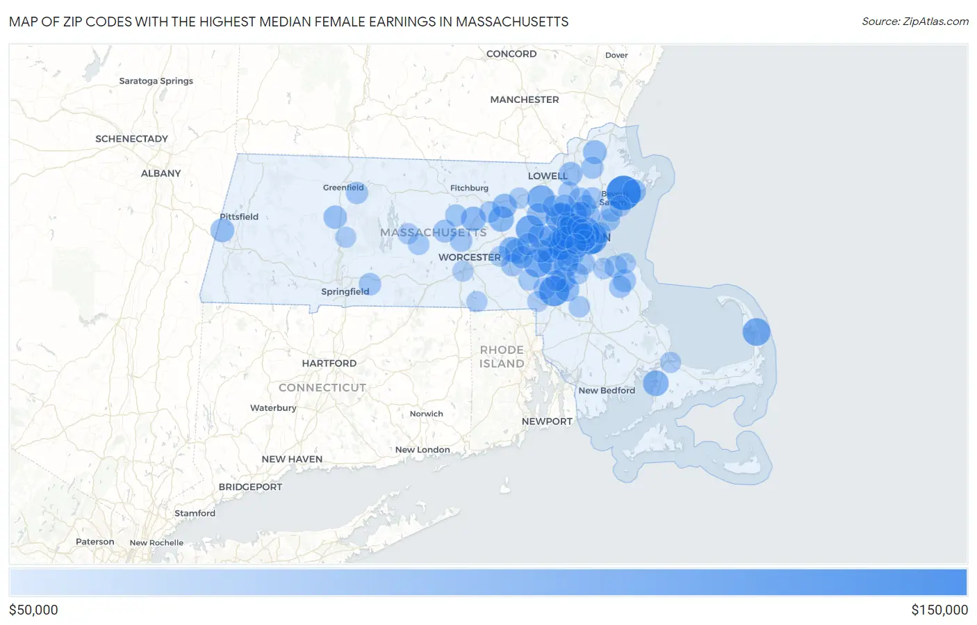Zip Codes with the Highest Median Female Earnings in Massachusetts Map