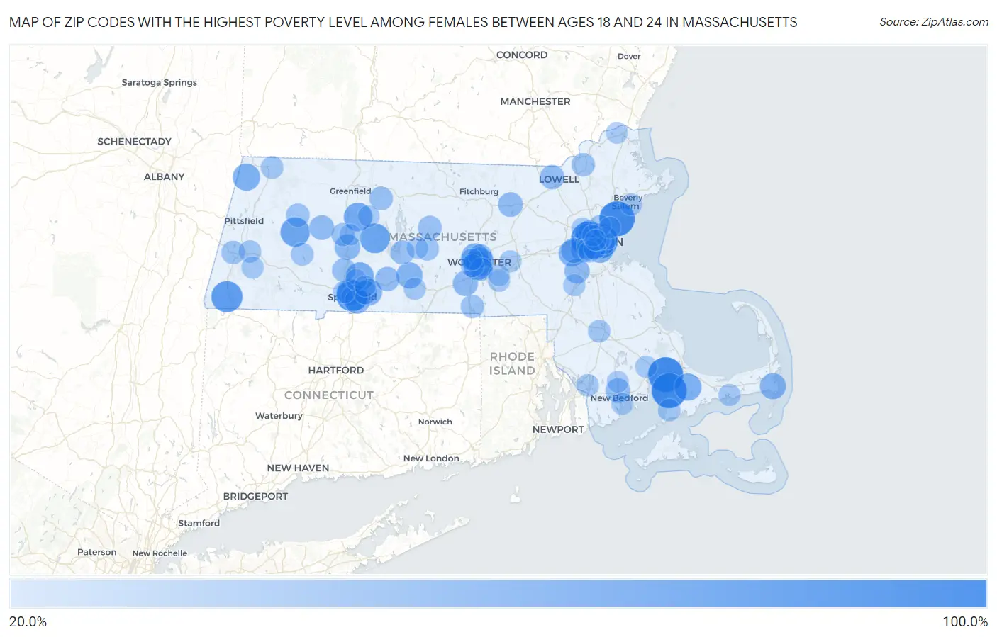 Zip Codes with the Highest Poverty Level Among Females Between Ages 18 and 24 in Massachusetts Map