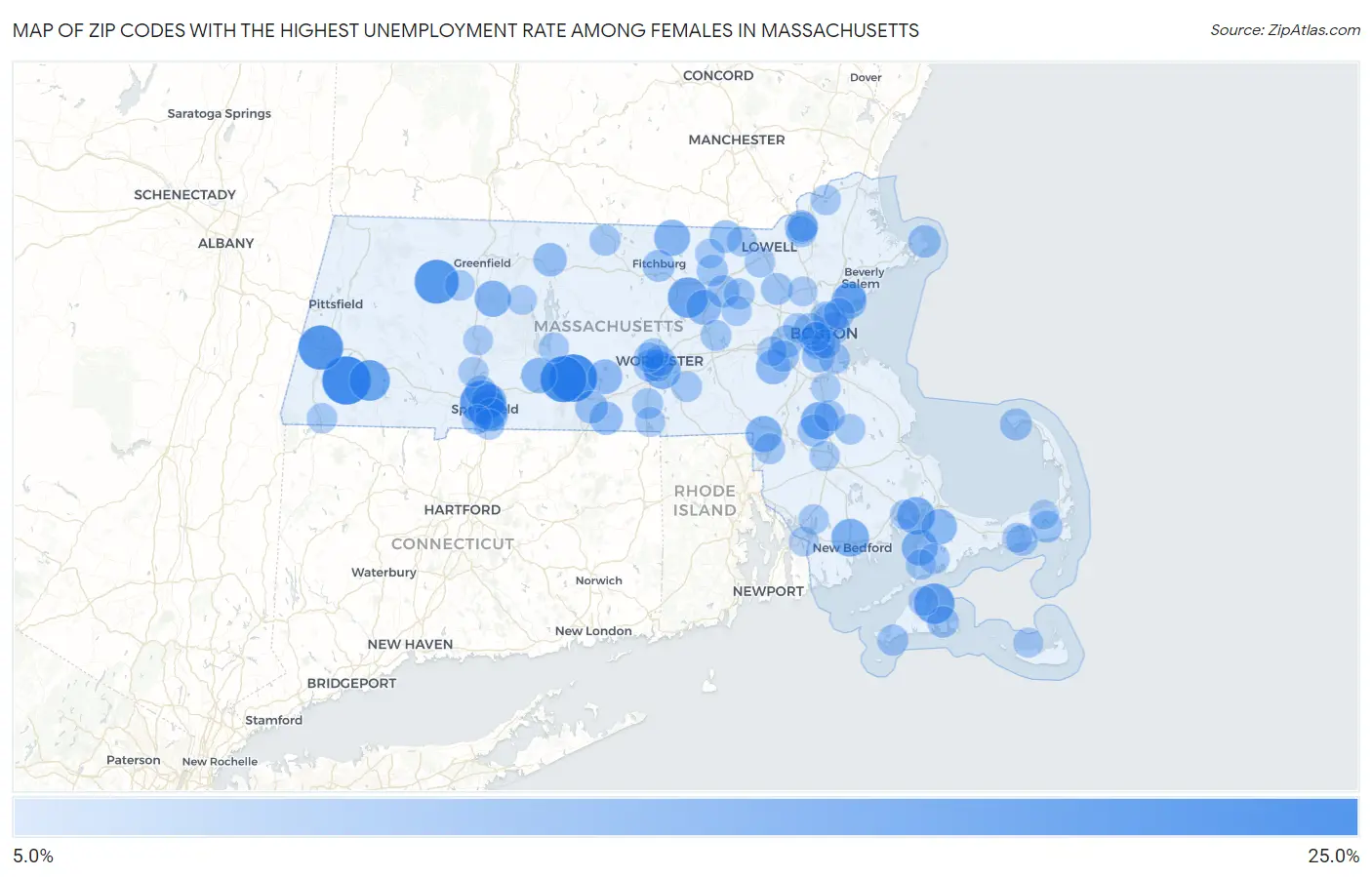 Zip Codes with the Highest Unemployment Rate Among Females in Massachusetts Map