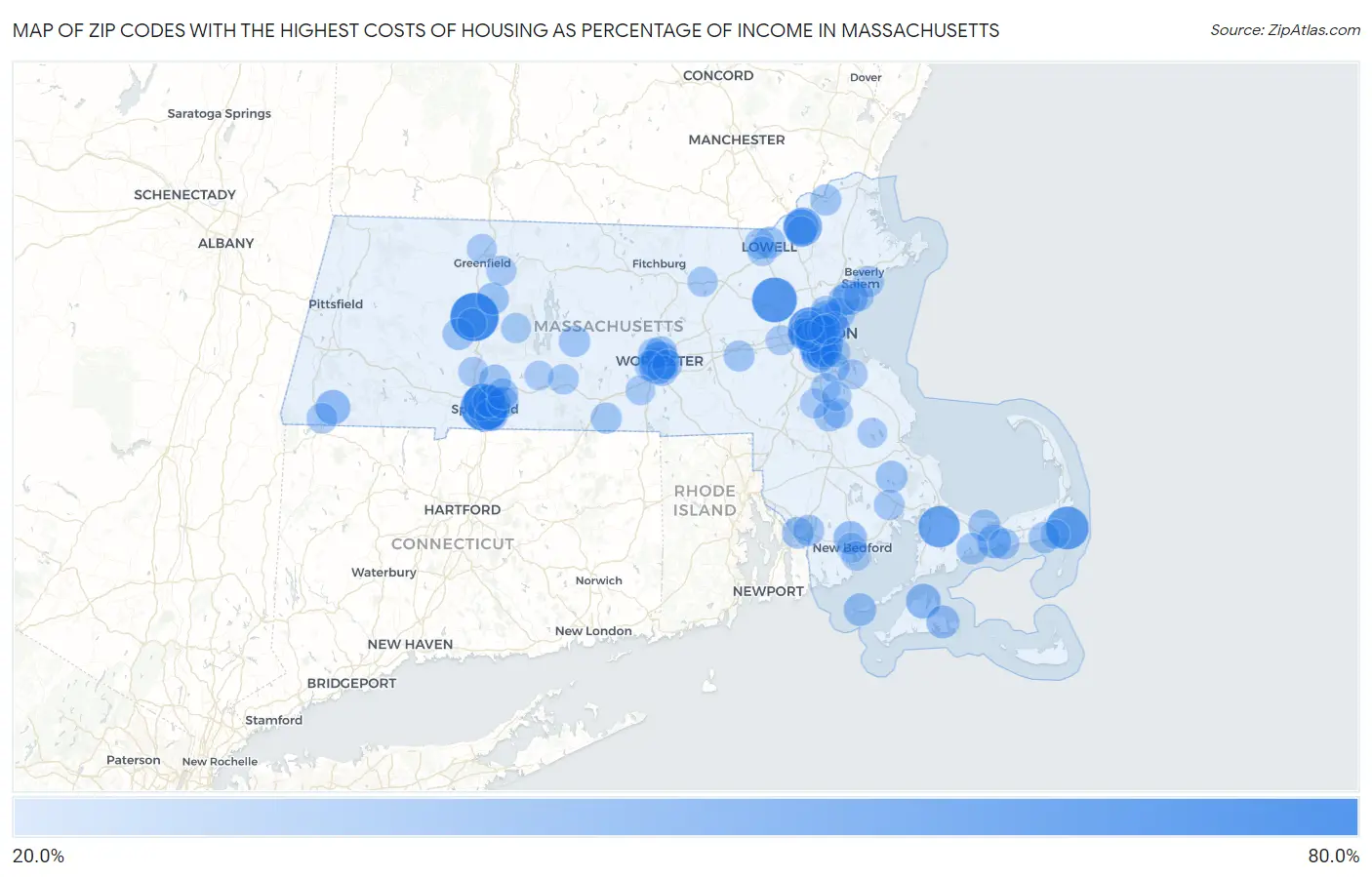 Zip Codes with the Highest Costs of Housing as Percentage of Income in Massachusetts Map