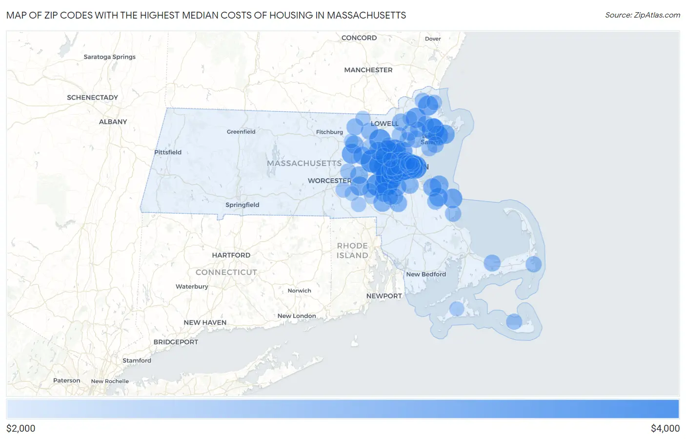 Zip Codes with the Highest Median Costs of Housing in Massachusetts Map
