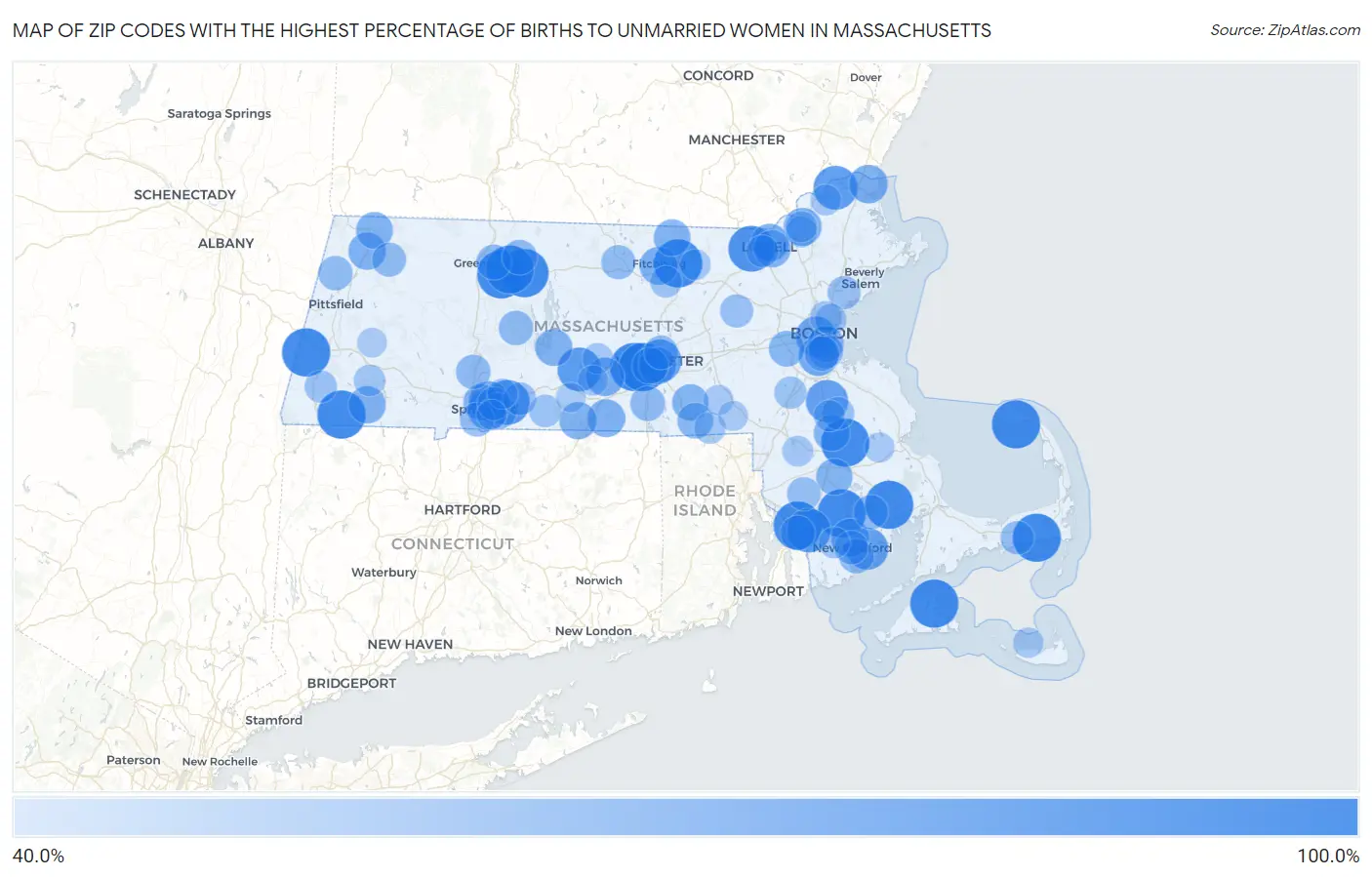Zip Codes with the Highest Percentage of Births to Unmarried Women in Massachusetts Map