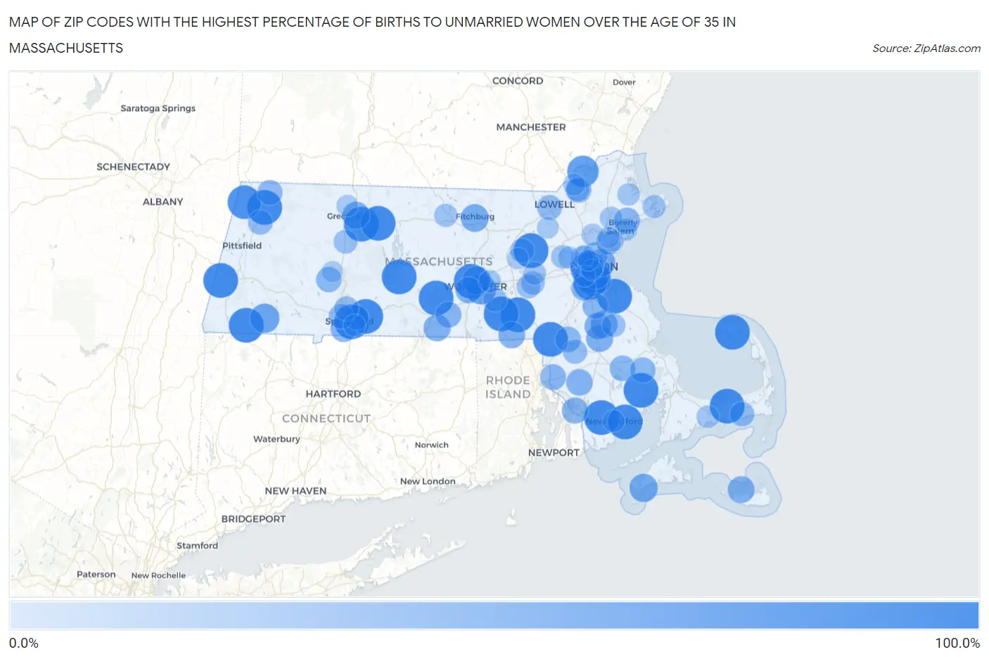 Zip Codes with the Highest Percentage of Births to Unmarried Women over the Age of 35 in Massachusetts Map