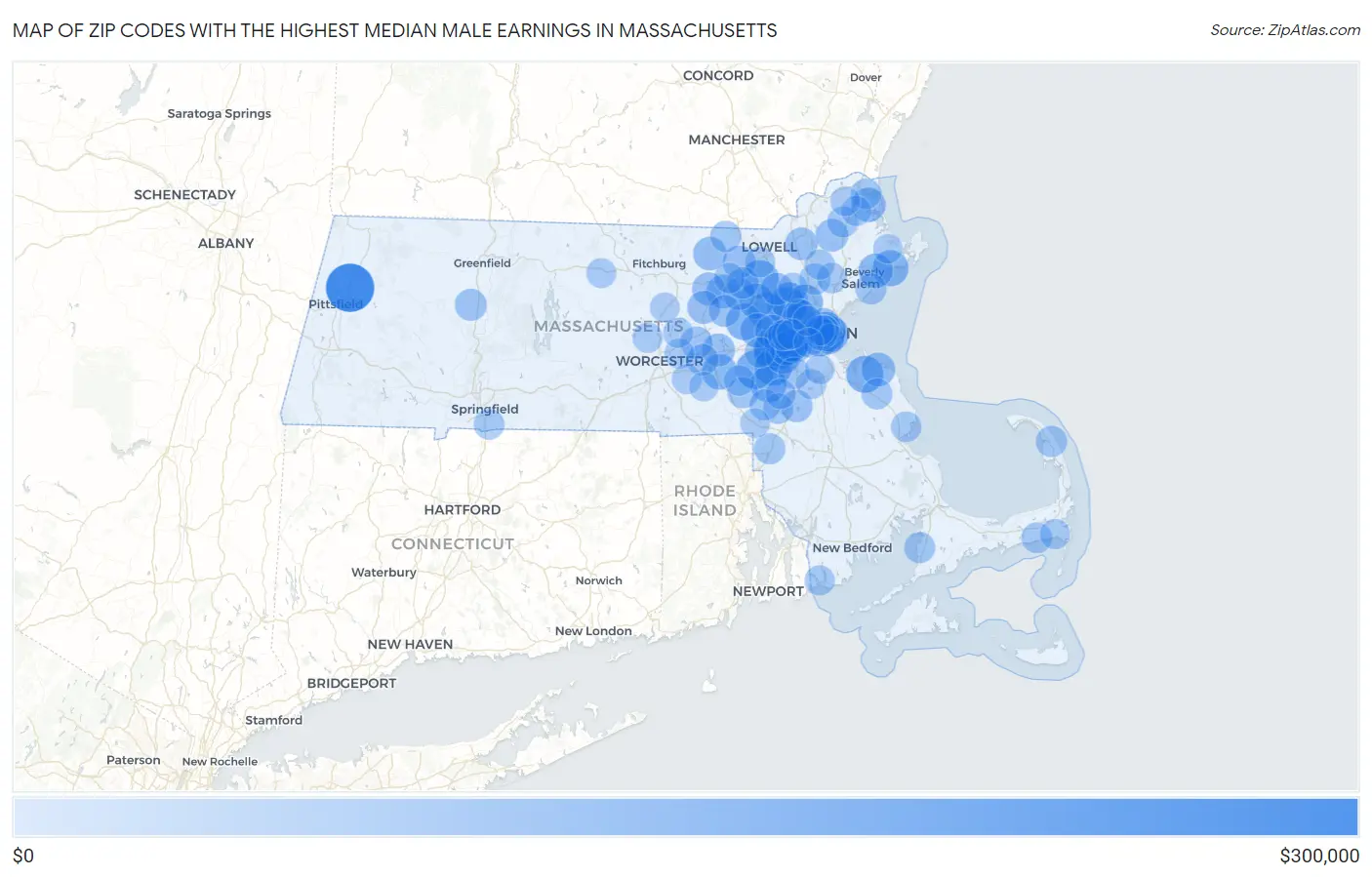 Zip Codes with the Highest Median Male Earnings in Massachusetts Map