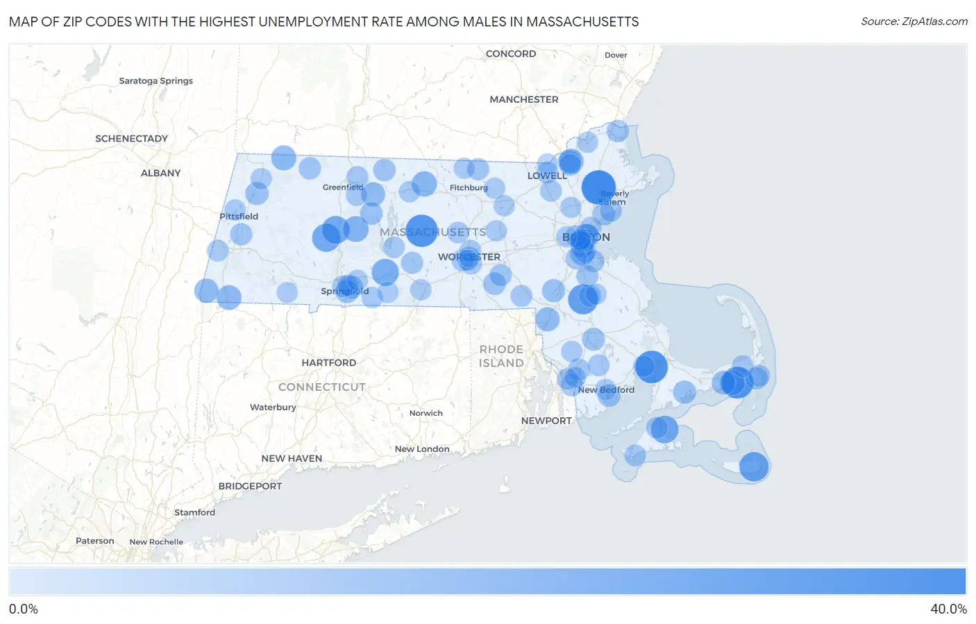 Zip Codes with the Highest Unemployment Rate Among Males in Massachusetts Map