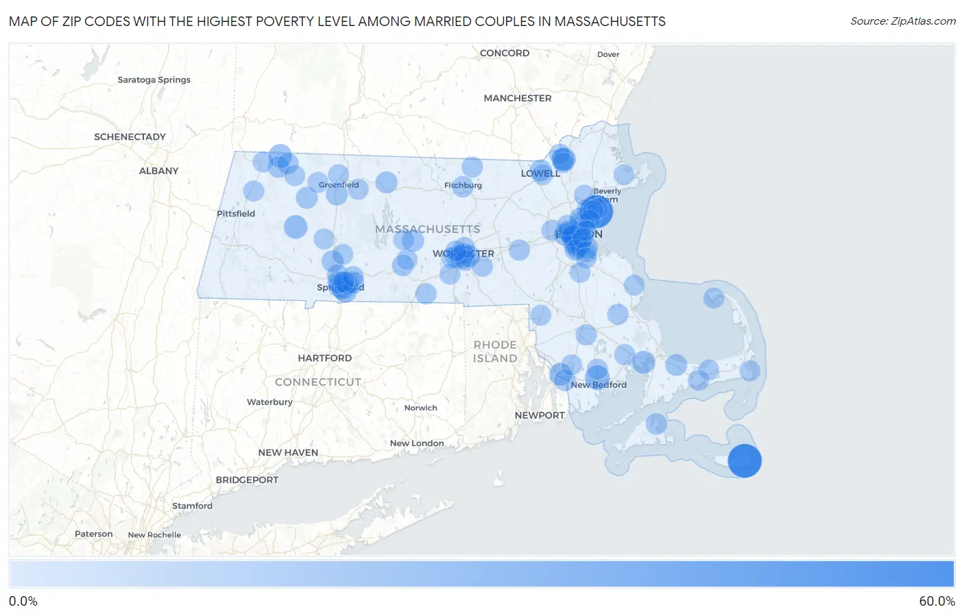 Zip Codes with the Highest Poverty Level Among Married Couples in Massachusetts Map