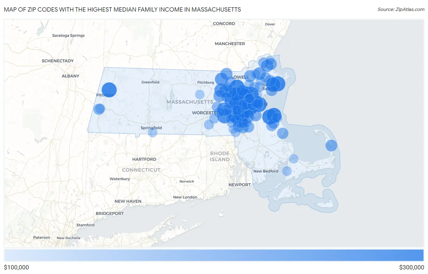 Zip Codes with the Highest Median Family Income in Massachusetts Map