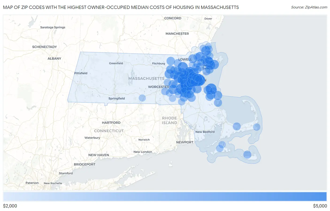 Zip Codes with the Highest Owner-Occupied Median Costs of Housing in Massachusetts Map