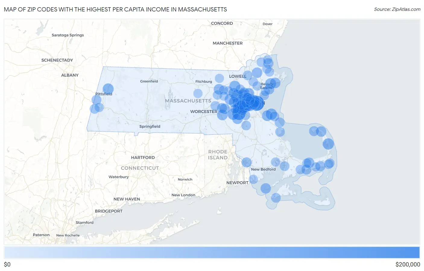 Zip Codes with the Highest Per Capita Income in Massachusetts Map
