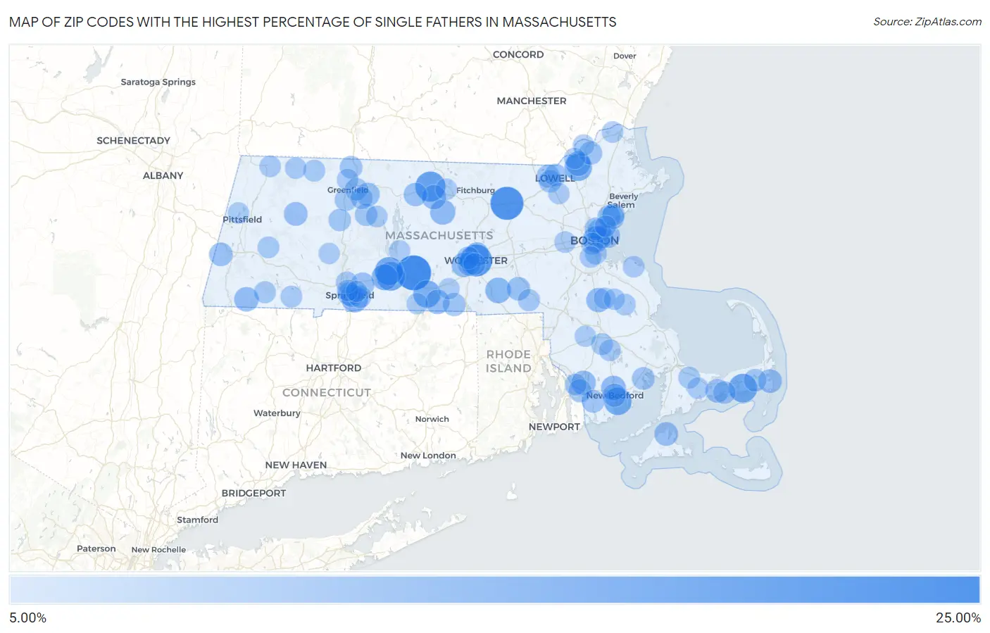 Zip Codes with the Highest Percentage of Single Fathers in Massachusetts Map