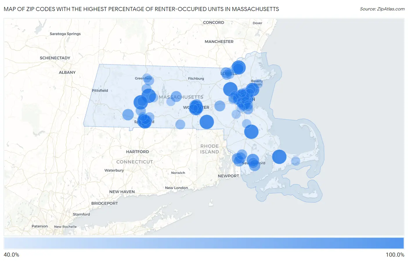 Zip Codes with the Highest Percentage of Renter-Occupied Units in Massachusetts Map