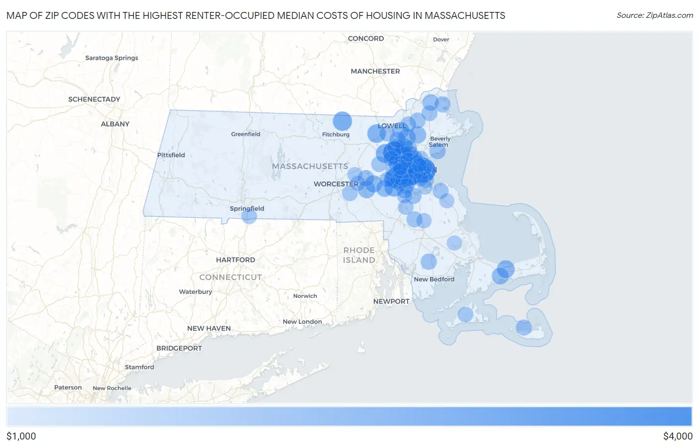 Zip Codes with the Highest Renter-Occupied Median Costs of Housing in Massachusetts Map