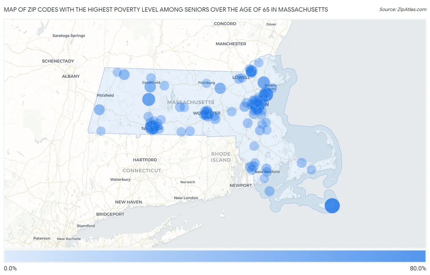 Zip Codes with the Highest Poverty Level Among Seniors Over the Age of 65 in Massachusetts Map