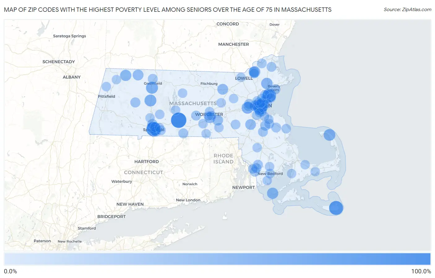 Zip Codes with the Highest Poverty Level Among Seniors Over the Age of 75 in Massachusetts Map
