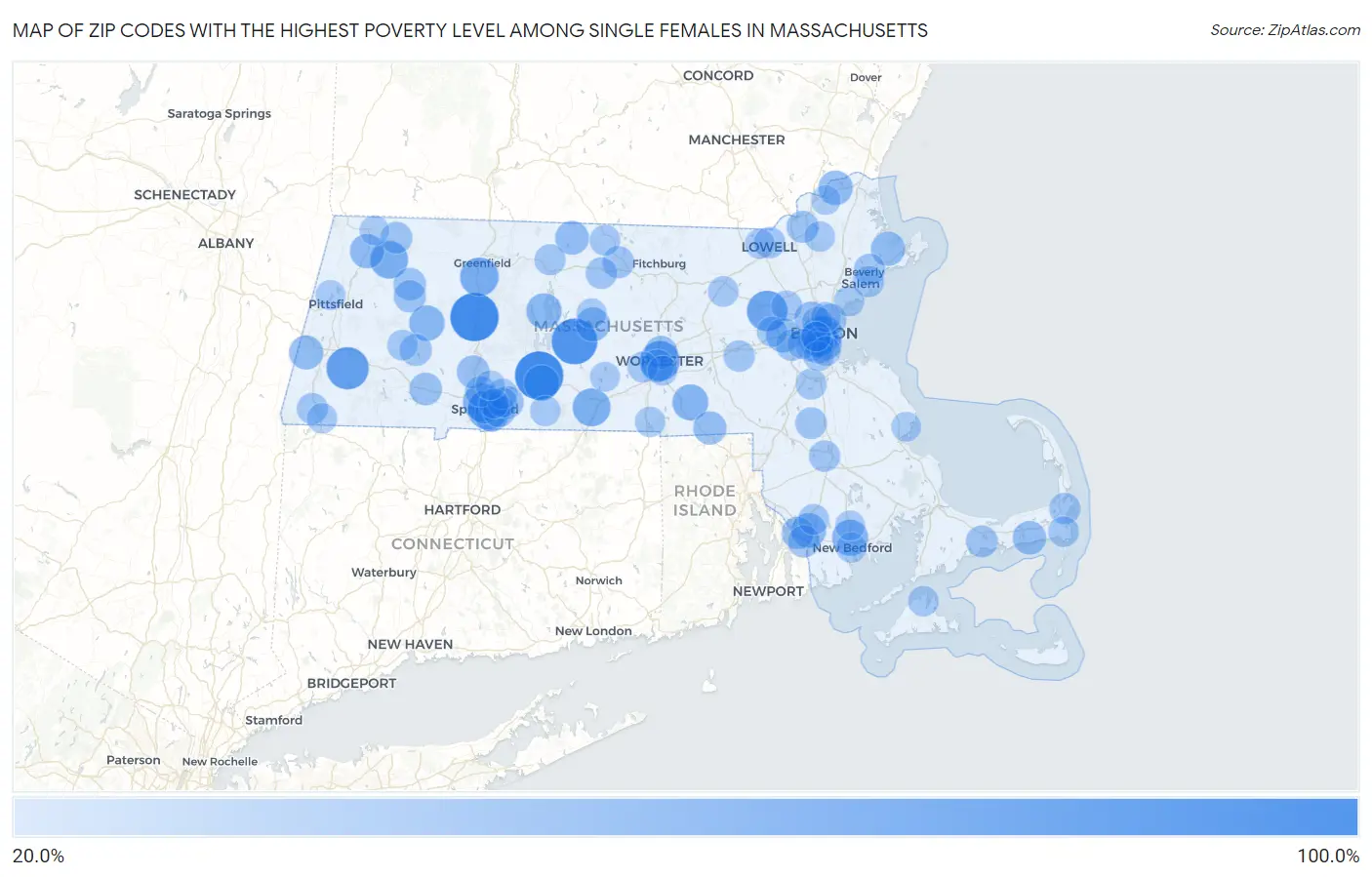 Zip Codes with the Highest Poverty Level Among Single Females in Massachusetts Map