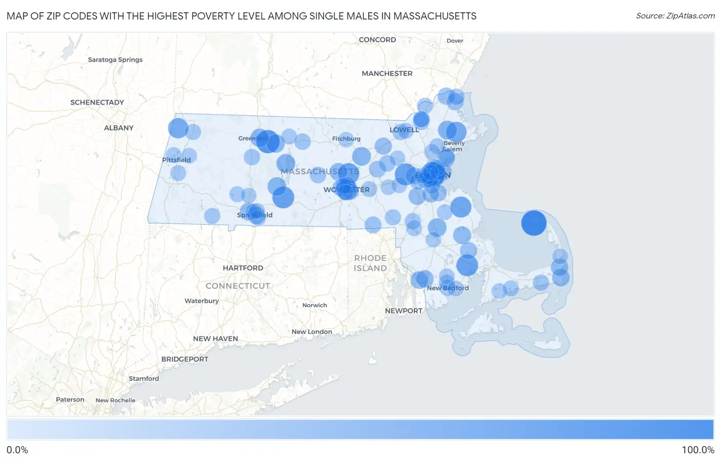 Zip Codes with the Highest Poverty Level Among Single Males in Massachusetts Map