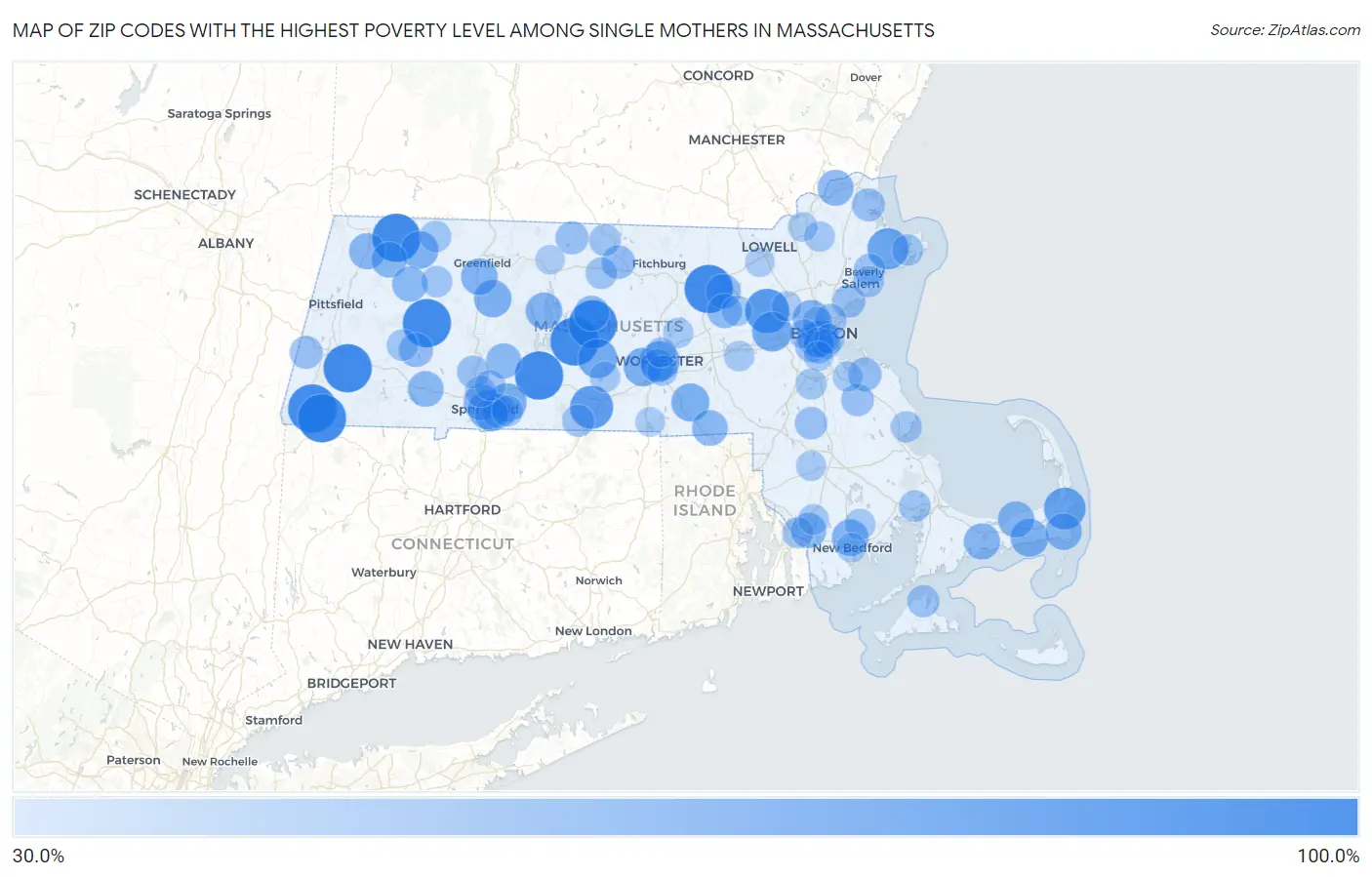 Zip Codes with the Highest Poverty Level Among Single Mothers in Massachusetts Map