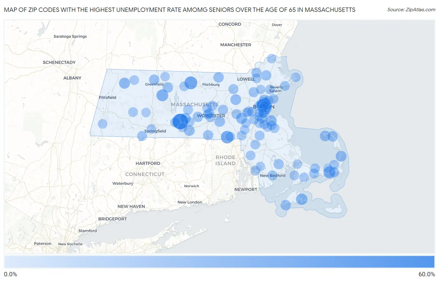 Zip Codes with the Highest Unemployment Rate Amomg Seniors Over the Age of 65 in Massachusetts Map