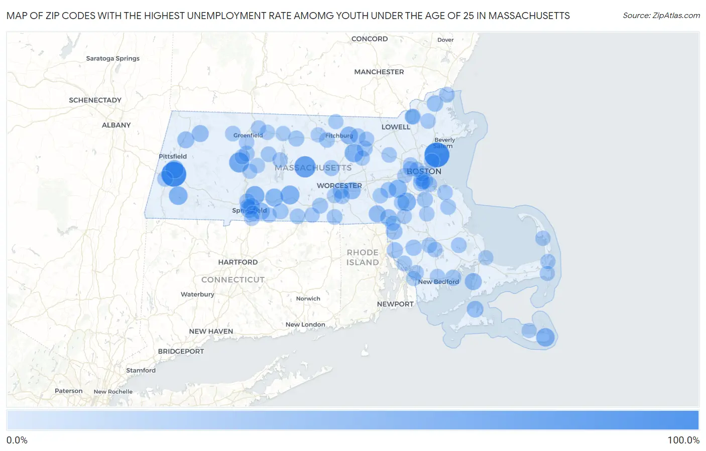 Zip Codes with the Highest Unemployment Rate Amomg Youth Under the Age of 25 in Massachusetts Map