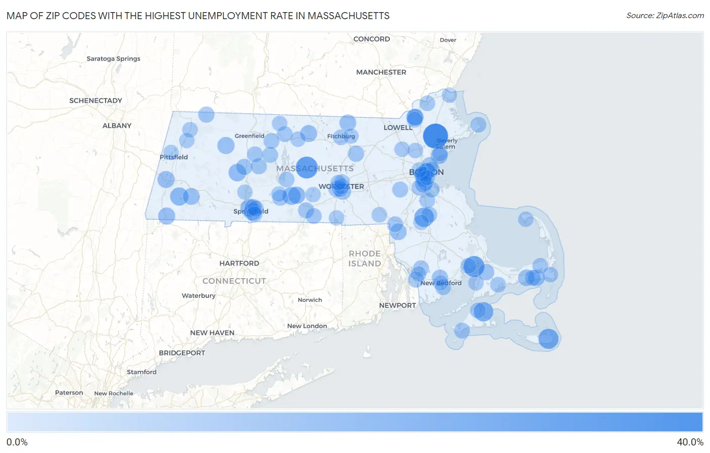Zip Codes with the Highest Unemployment Rate in Massachusetts Map
