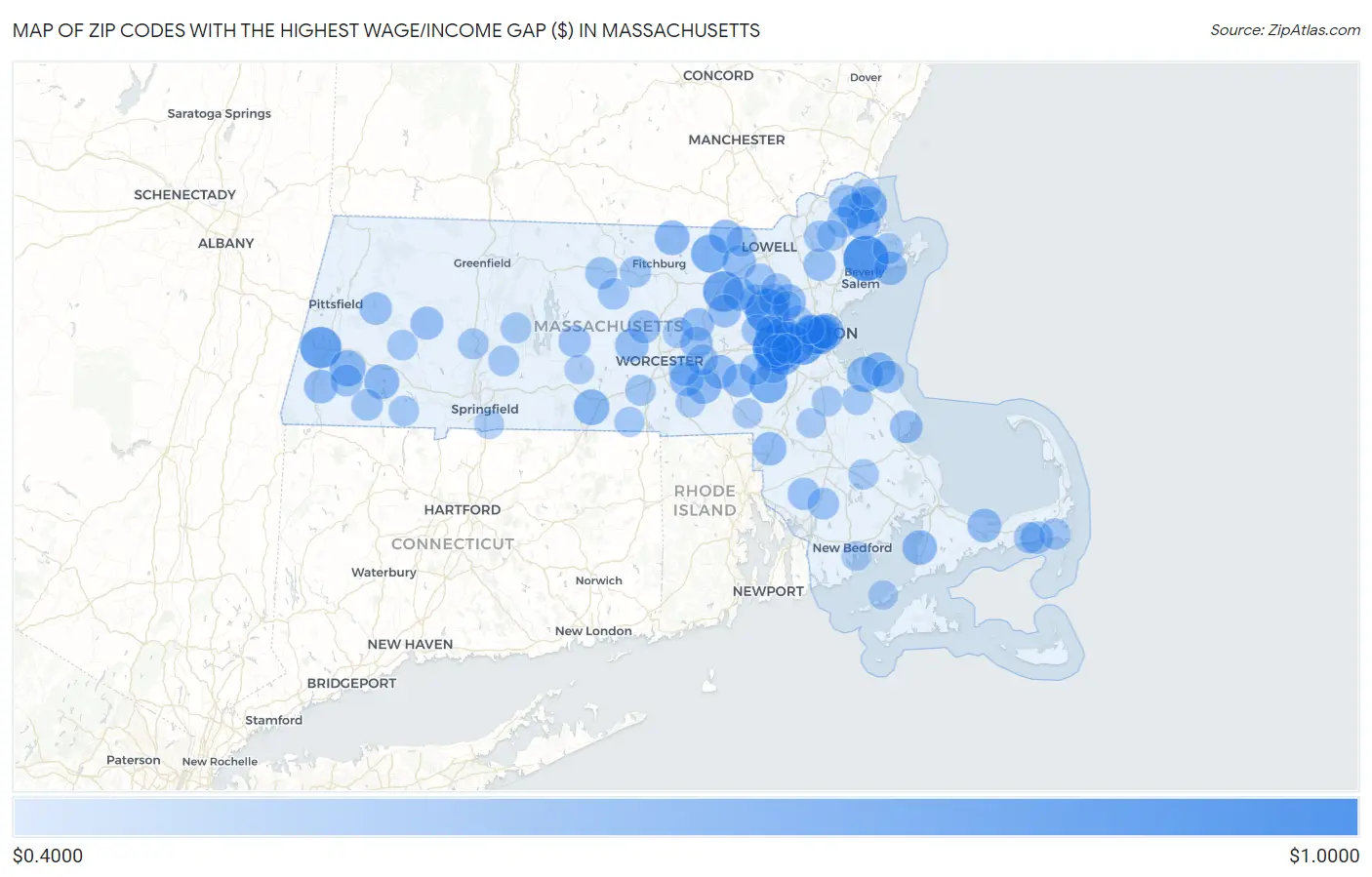 Zip Codes with the Highest Wage/Income Gap ($) in Massachusetts Map
