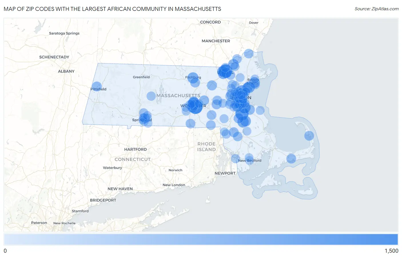 Zip Codes with the Largest African Community in Massachusetts Map